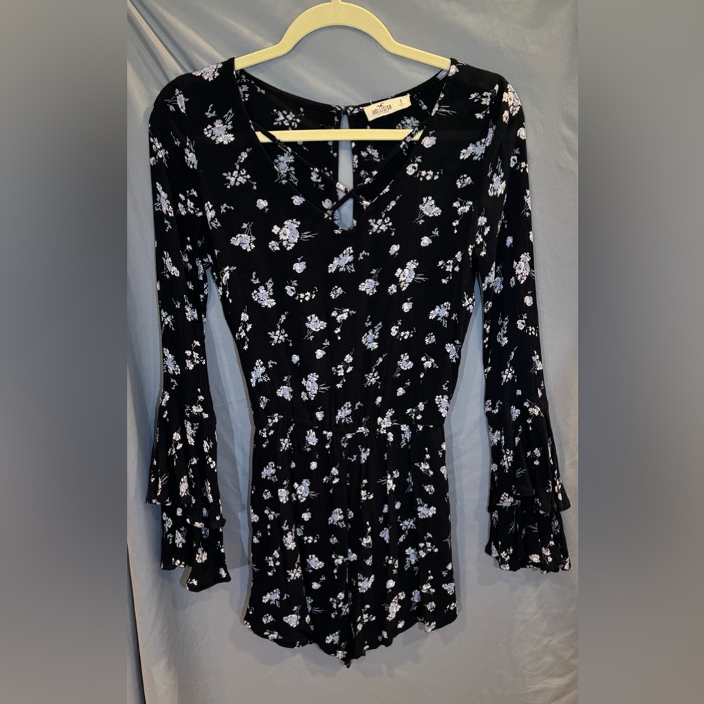 Floral Black Romper with Bell Sleeves